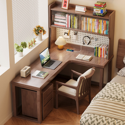 福岚加厚全实木转角书桌书柜一体卧室拐角电脑桌洞洞板书架带插座