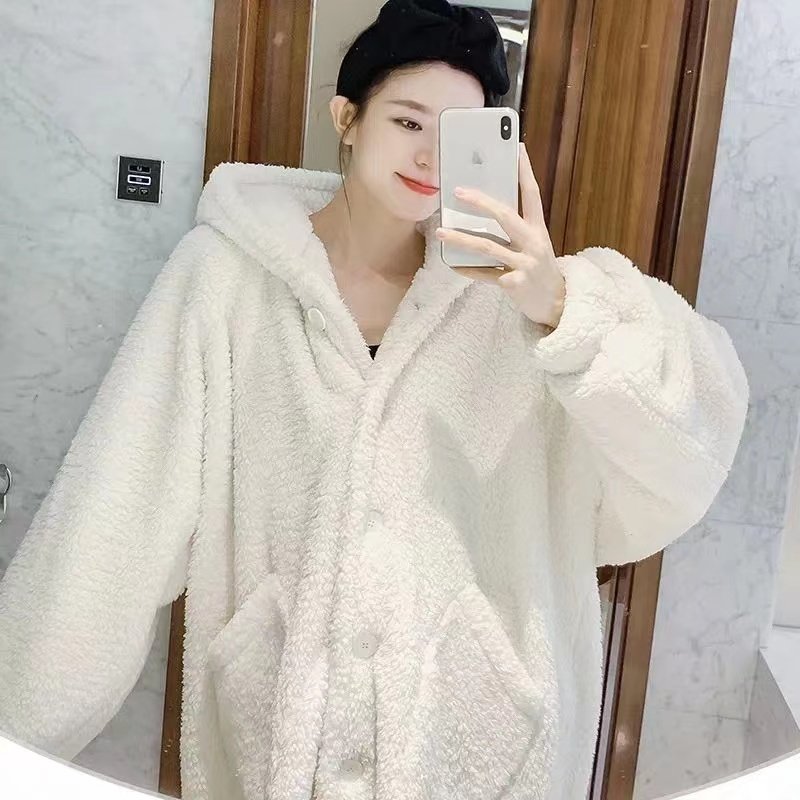 珊瑚绒简约白色睡袍女冬天加厚加绒长款保暖一体法兰绒浴袍家居服