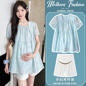 韩版 2026新款 蓝色减龄方领短袖 薄款 两件套女 孕妇套装 上衣短裤 夏季