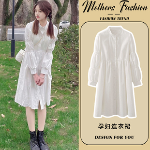 孕妇连衣裙春秋时尚白色泡泡袖宽松减龄清新衬衫裙2026新款中长款