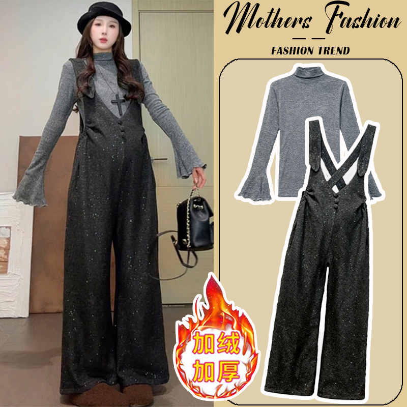孕妇深灰色套装秋冬2025新款时尚洋气高级感加绒加厚背带裤两件套