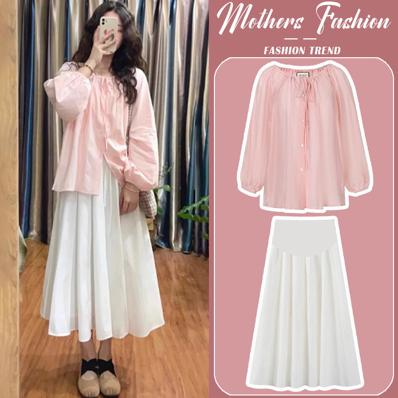 孕妇连衣裙套装粉色圆领灯笼袖2026新款春秋衬衫半身裙温柔两件套