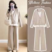 宽松针织毛衣时髦上衣裤 卡其色时尚 子两件套 秋冬2026新款 孕妇套装