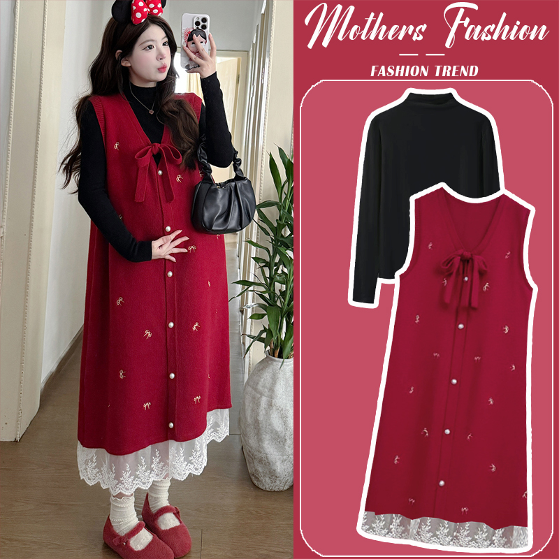 孕妇连衣裙套装秋冬2025新款红色