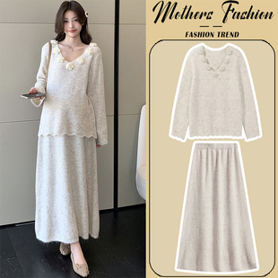 潮妈杏色针织毛衣半身裙两件套女 韩版 孕妇连衣裙套装 秋冬2025新款