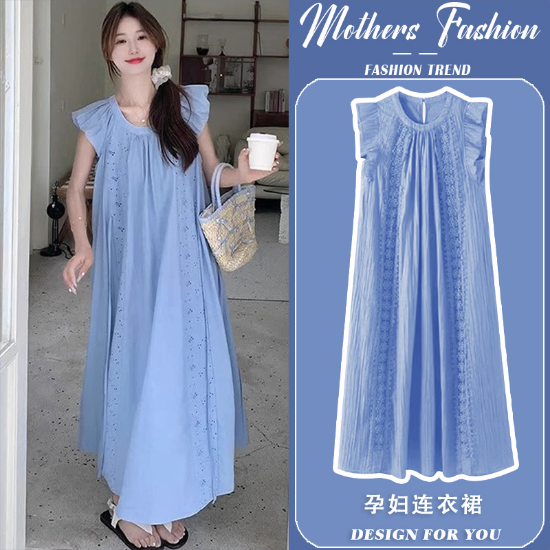 孕妇连衣裙夏季2025新款蓝色韩版