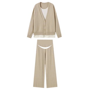 孕妇套装时尚洋气时髦卡其色针织宽松遮肚毛衣两件套2025新款秋冬