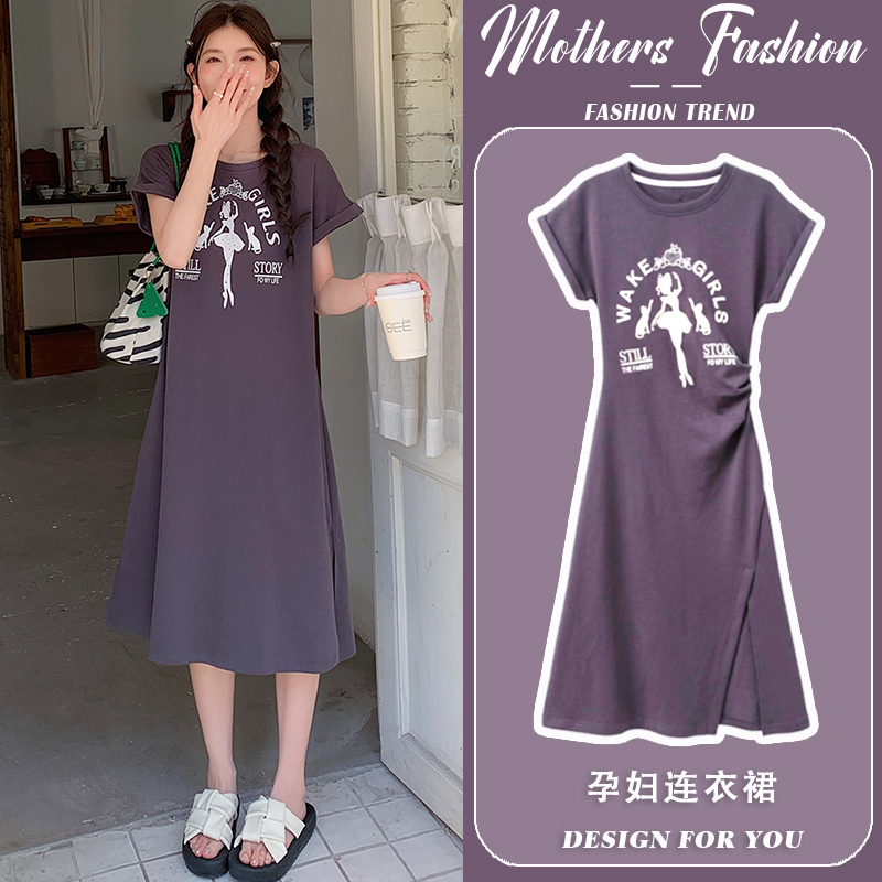孕妇连衣裙灰色圆领一件穿到生