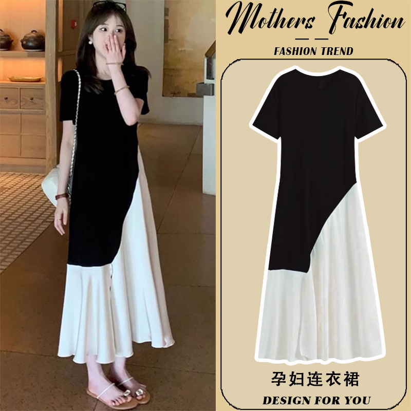 孕妇连衣裙夏季2025新款时尚拼接撞色薄款短袖哺乳T恤裙中长款女