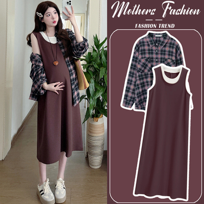 孕妇连衣裙套装春夏季2026新款韩版格子衬衫咖色拼接背心裙两件套