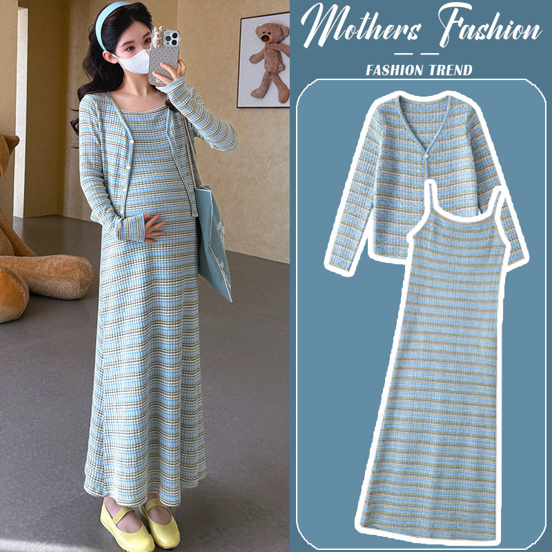 孕妇蓝色连衣裙套装春秋季2026新款韩版条纹开衫吊带裙针织两件套,孕妇装/孕产妇用品/营养,连衣裙,淘宝优惠券,粉丝福利购,淘宝优惠卷