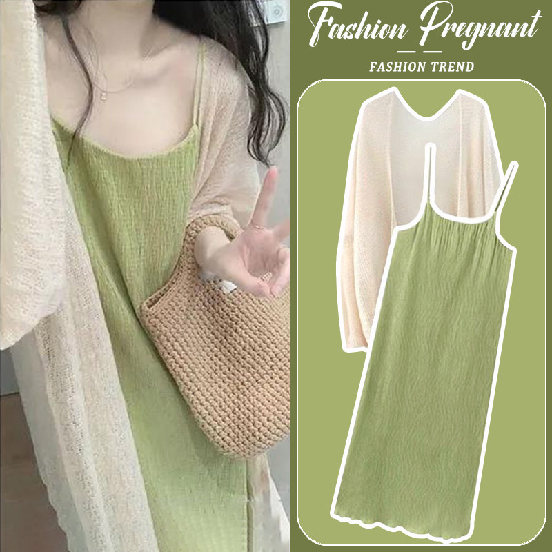 孕妇连衣裙套装春秋夏2026新款长袖防晒上衣宽松长款吊带裙两件套