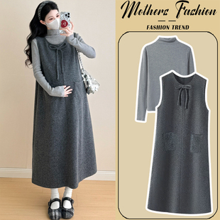 潮妈灰色针织背心裙打底衫 韩版 两件套 秋冬2025新款 孕妇连衣裙套装