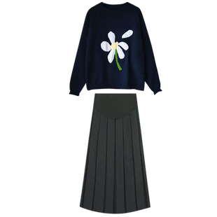 孕妇连衣裙套装蓝色宽松中长款针织毛衣半身裙两件套2026新款秋冬