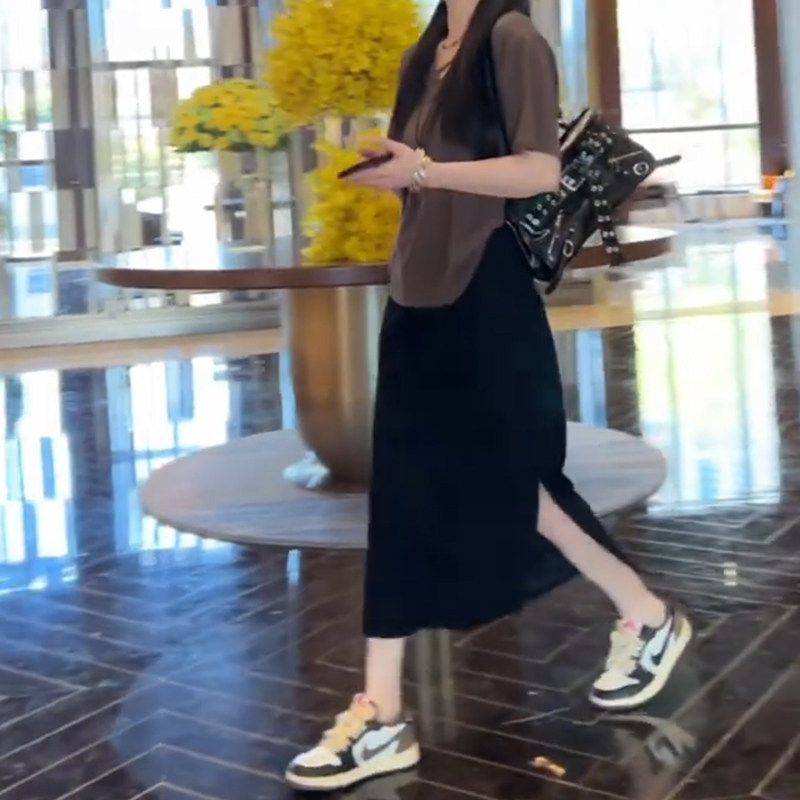 垂感半身裙女高腰开叉一步裙夏大码a字裙小个子显瘦休闲中长裙子