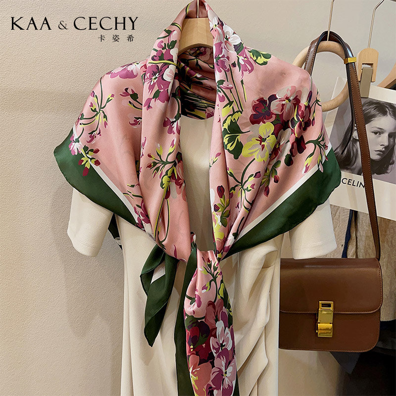 KAACECHY真丝丝巾女2025新款天竺葵大方巾高档卷边披肩桑蚕丝丝巾