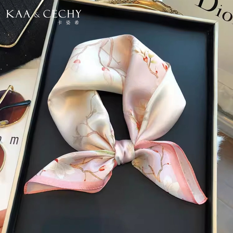 KAACECHY真丝丝巾女2026新款高档气质粉色桑蚕丝小方巾领巾礼盒装