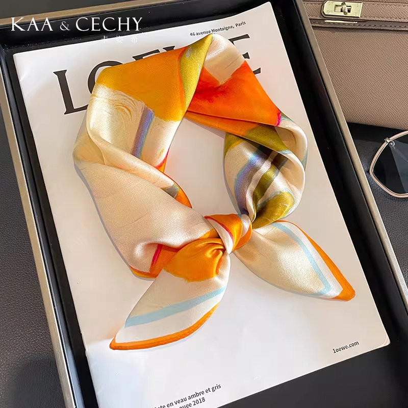 KAACECHY真丝丝巾女新款高档轻奢韩版百搭橙色桑蚕丝小方巾礼盒装