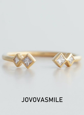 四方公主开口排戒方形18k金莫桑小方糖戒指偏爱痞帅可叠戴女戒