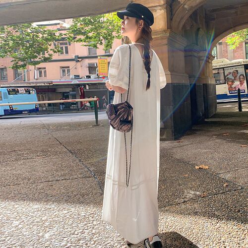 特大码300斤胖妹妹仙女风白色泡泡袖连衣裙女后背镂空漂亮A字长裙