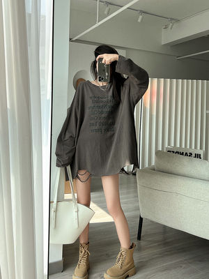 大码慵懒风长袖t恤女春秋上衣