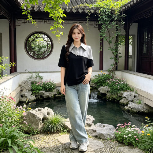 特大码胖mm2-300斤假两件格子衬衫短袖t恤女夏季新款宽松百搭上衣