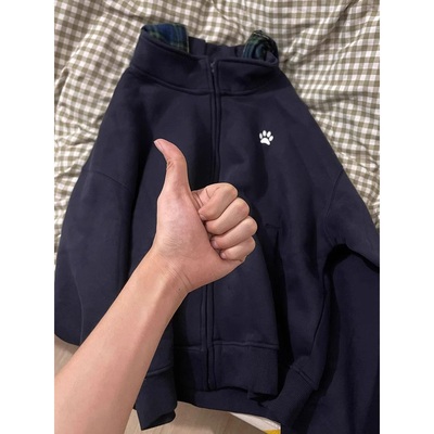 特大码胖mm300斤秋季学院风格子连帽情侣刺绣宽松卫衣外套