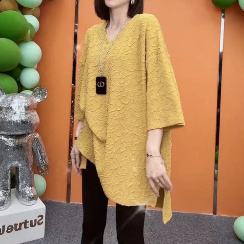 特大码300斤胖MM韩系休闲风提花五分袖T恤女装夏季V领中长款上衣