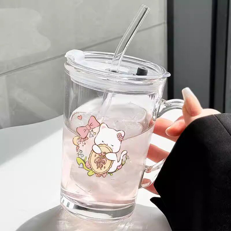加厚玻璃吸管杯高颜值带盖杯子家用水杯咖啡牛奶杯茶杯耐热耐高温
