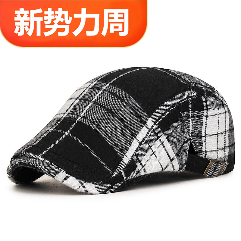 跨境帽子春秋美式复古彩色格纹前进帽日系文艺古着画家鸭舌帽百搭