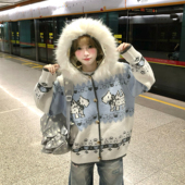 费尔岛小狗毛衣女冬季 文文不乖原创美式 复古毛领提花连帽针织开衫