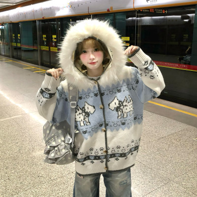 文文不乖原创美式复古毛领提花连帽针织开衫费尔岛小狗毛衣女冬季