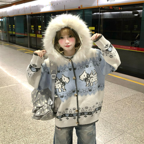 文文不乖原创美式复古毛领提花连帽针织开衫费尔岛小狗毛衣女冬季