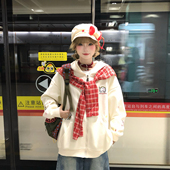 文文不乖原创美式 格子拼接披肩刺绣连帽卫衣女秋冬宽松设计感帽衫