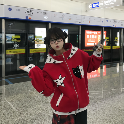 文文不乖原创美式星星猫咪刺绣设计感连帽卫衣女秋冬宽松开衫外套