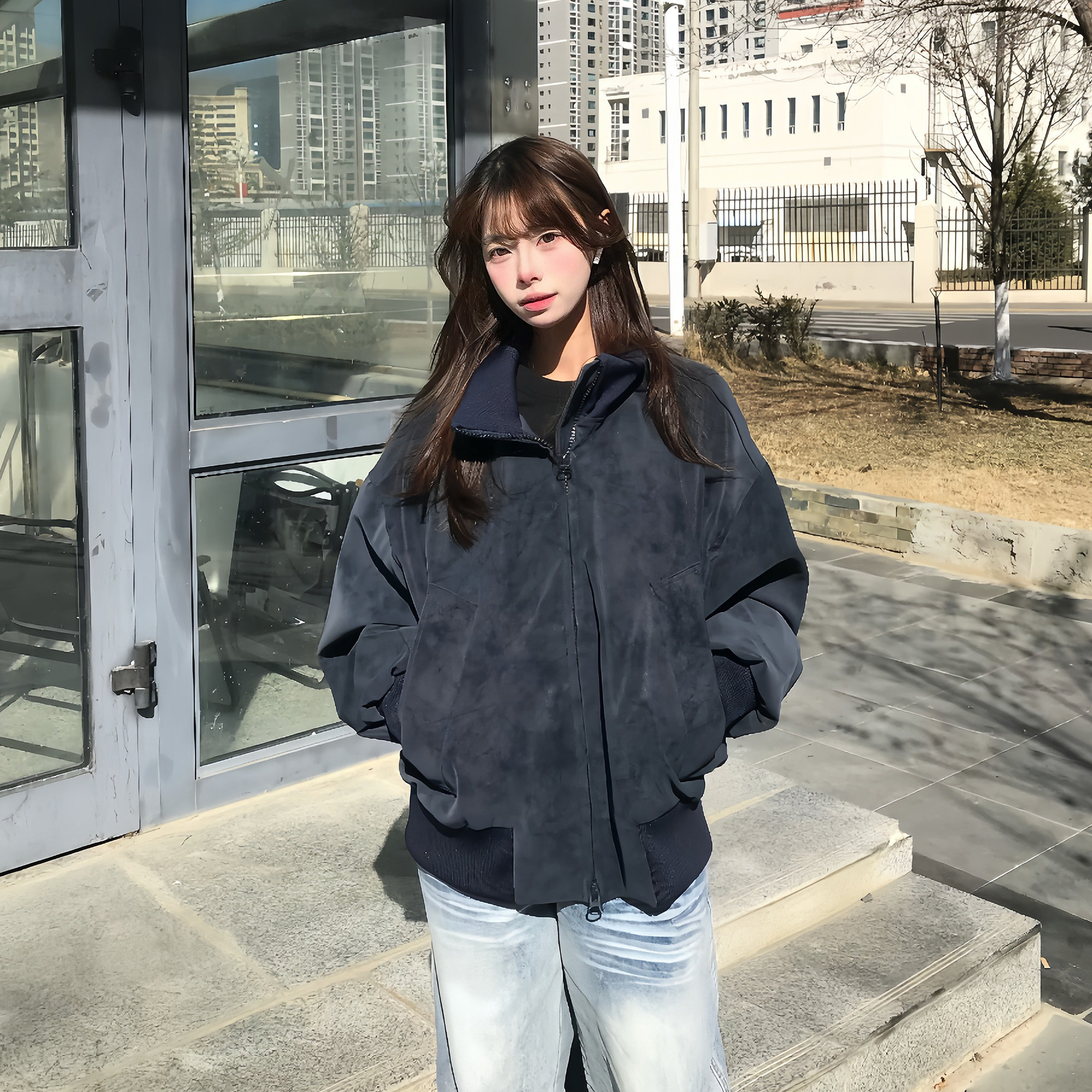 文文不乖美式复古立领短外套女宽松夹克cleanfit藏青色拉链外套,女装/女士精品,短外套,淘宝优惠券,粉丝福利购,淘宝优惠卷