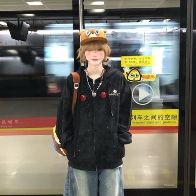 文文不乖原创美式满天星苹果植绒刺绣连帽开衫卫衣外套女情侣上衣