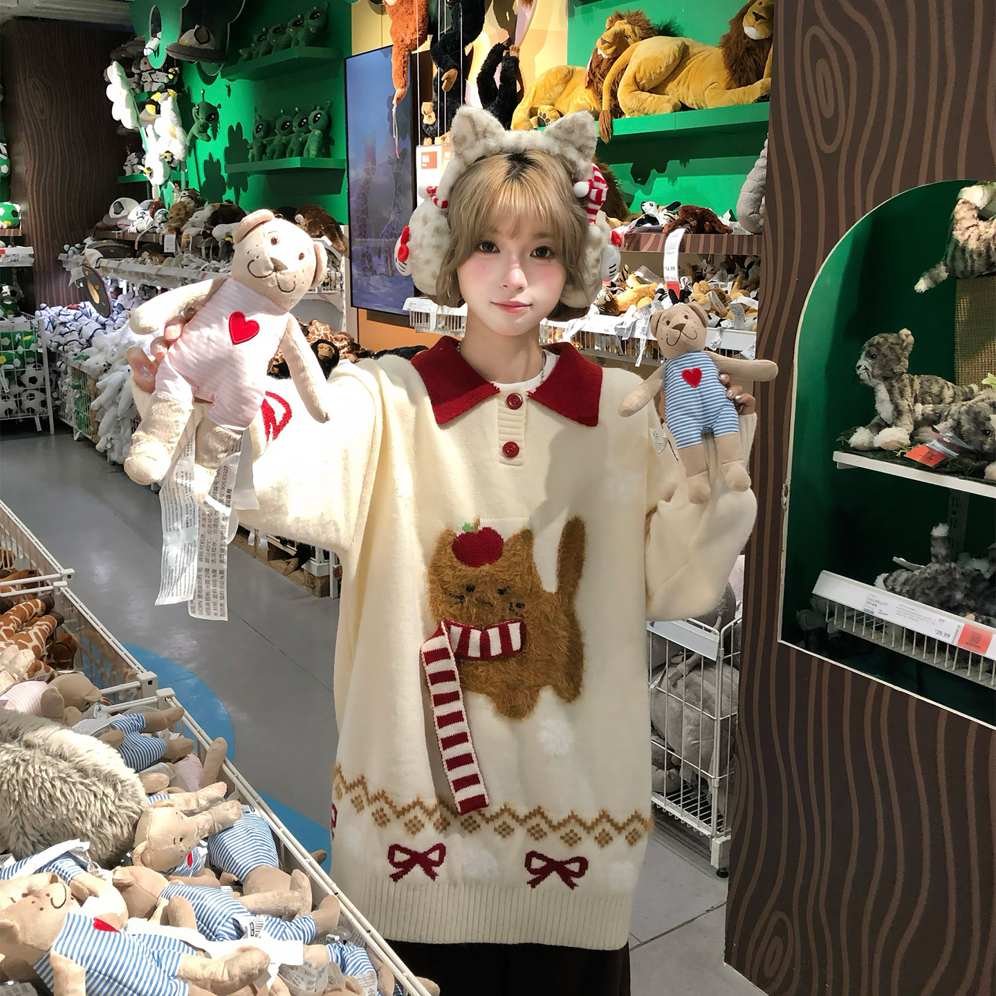 文文不乖原创苹果小猫提花POLO领毛衣女软糯感费尔岛慵懒风针织衫