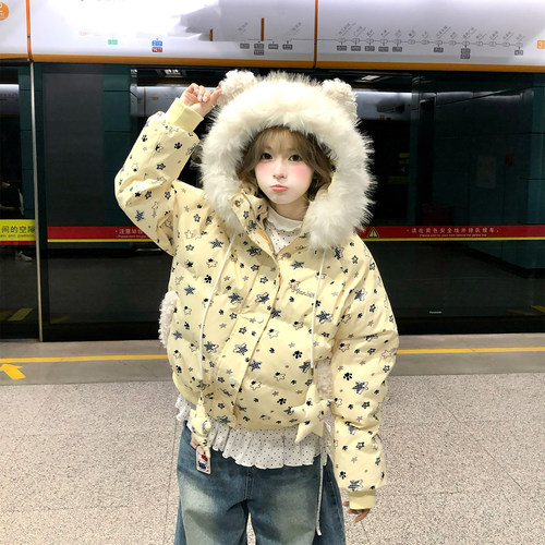 文文不乖原创卡通星星满印可爱耳朵毛领连帽棉服女秋冬保暖面包服