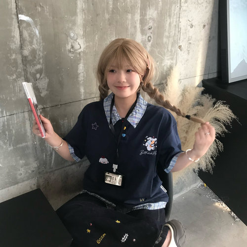 美式复古假两件短袖t恤女