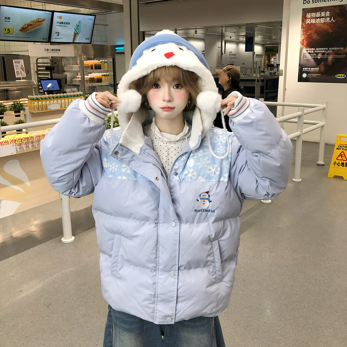 文文不乖原创设计雪人刺绣耳机毛绒连帽棉服女冬季加厚保暖面包服