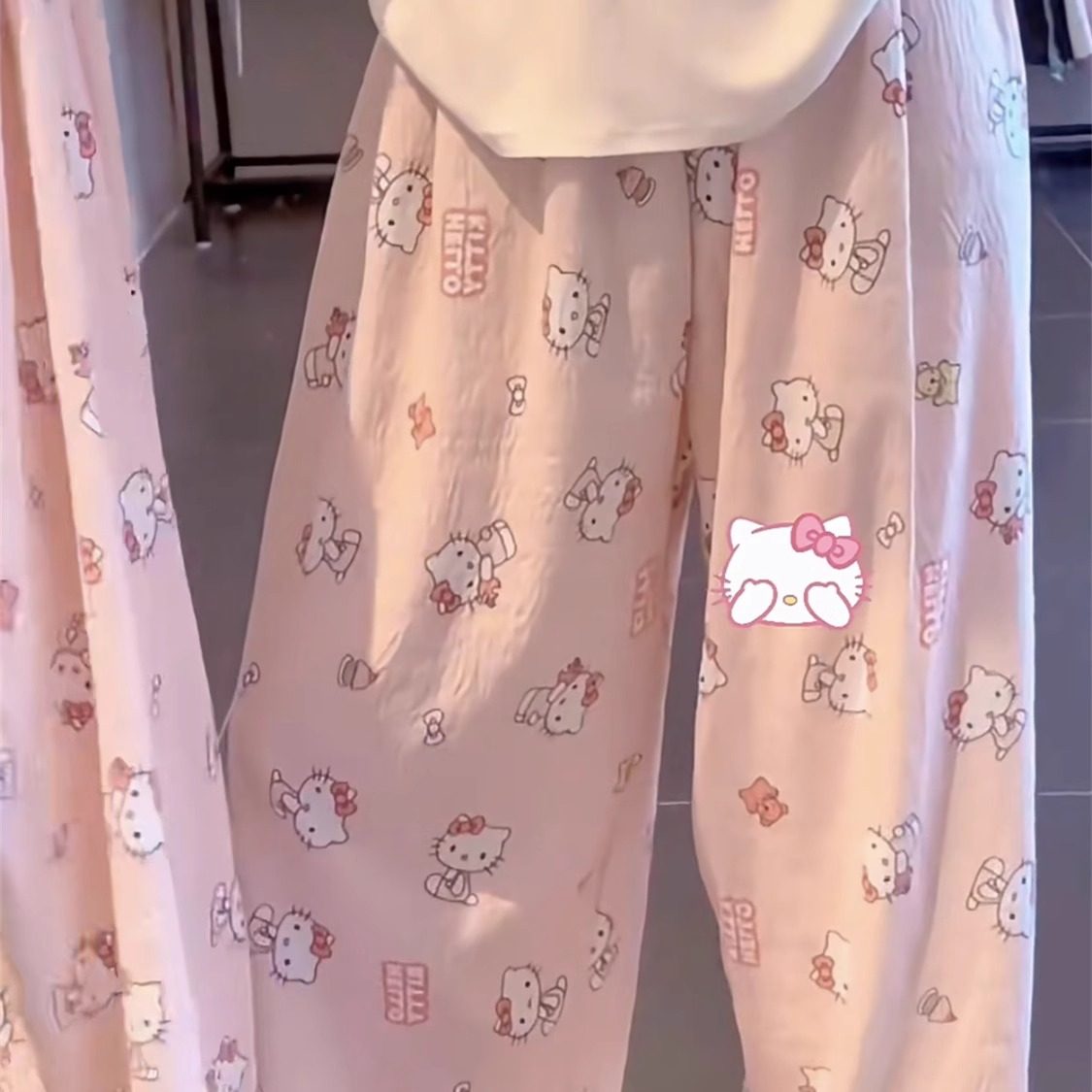 粉色凯蒂猫遛弯裤休闲裤防蚊裤春秋宽松卡通阔腿裤睡裤女长裤可爱