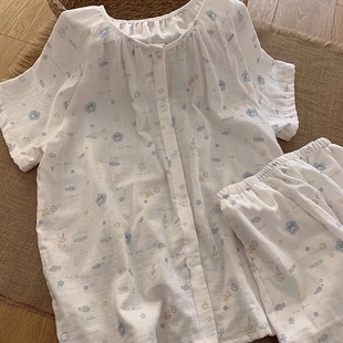 日系网红卡通夏季 可爱小鱼圆领开衫 套装 睡衣女短袖 学生家居服 薄款