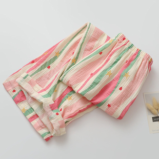 粉色条纹多巴胺睡裤女士春夏季纯棉纱布薄款宽松遛弯家居裤休闲薄