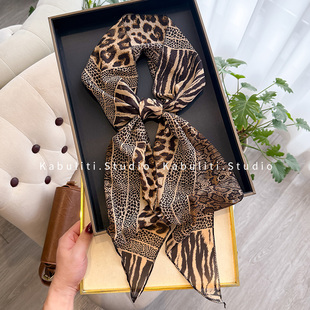 豹纹小长条丝巾女春秋夏季护颈围脖子搭配衬衫丝带领巾薄纱巾围巾