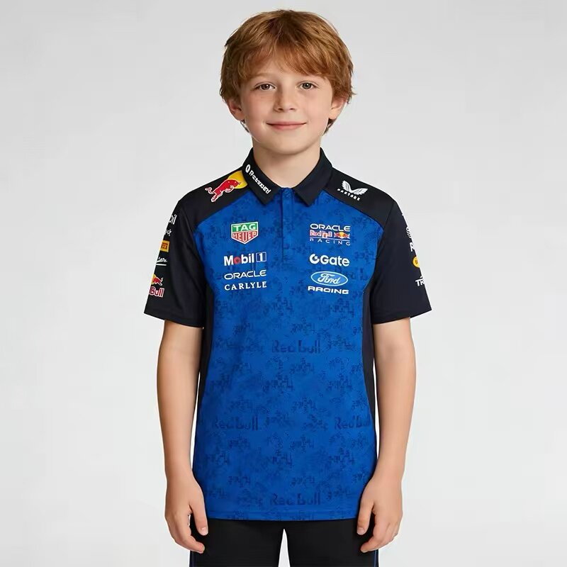 2026 F1红牛车队赛车服男童长短袖翻领POLO衫运动赛车T恤蓝可DIY
