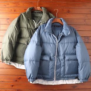 新品 外贸原单日系高蓬松90绒拼接宽松大口袋工装 立领羽绒服男冬季