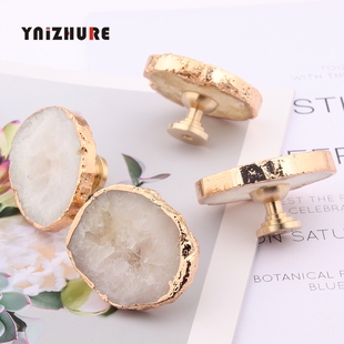 欧式天然水晶片轻奢黄铜单孔矿石拉手极简自然主义抽屉橱柜门把手