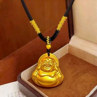 高品质 大肚笑面弥勒佛福字黑绳项链金佛公饰品
