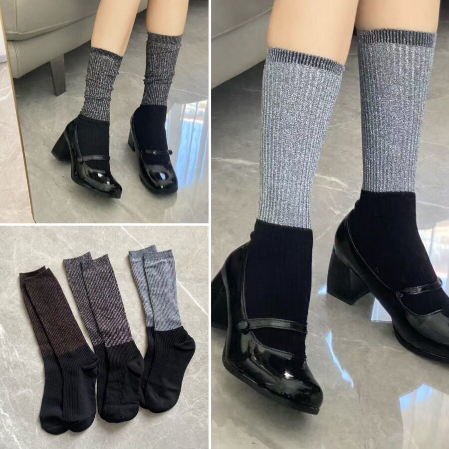 韩网春秋金丝棉线拼接袜中筒袜堆堆小腿长袜女棉袜直播